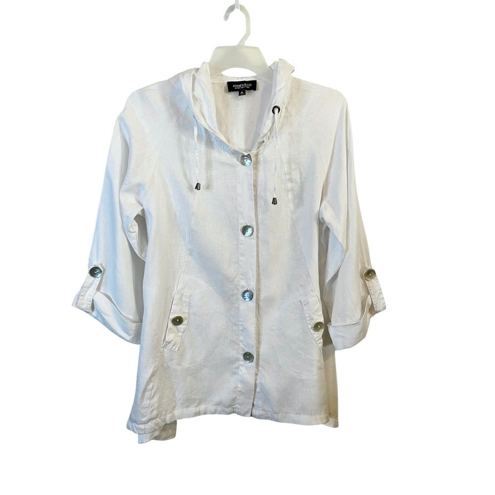 Jones New York White 100% Linen Hooded Swing Jacket XL Roll Tab Sleeve Button up